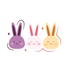 Three Easter bunnies in purple, pink, and yellow on an isolated background