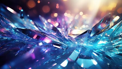 Dynamic and vibrant display of crystalline structures illuminated by radiant lights, creating a mesmerizing visual effect. The interplay of light and crystal exudes an aura of mystery and enchantment