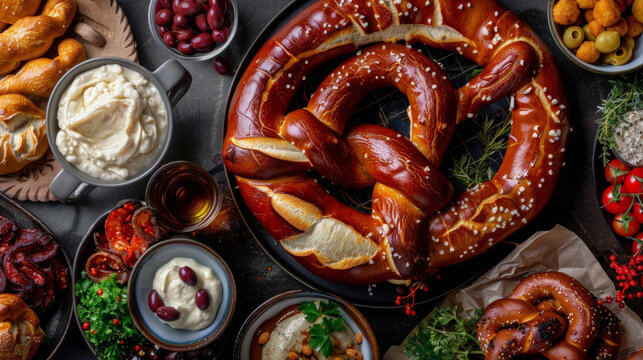 A Closeup Of A Giant Pretzel Hanging From A Hook Surrounded By Bitesized Pretzel Bites And A Variety Of Dips Including Tangy Obatzda Soft Cheese Spread.