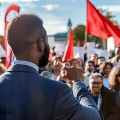 Dynamic outdoor political rally with a male politician addressing a crowd of party members, showcasing unity and energetic political activism. - obrazy, fototapety, plakaty