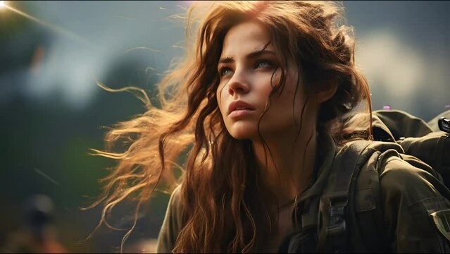 Portrait of a Long Haired Female Soldier in the Grassland. Women in Military Uniform. Seamless Looping 4k Video Animation