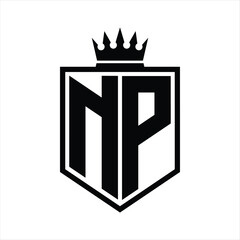 NP Logo monogram bold shield geometric shape with crown outline black and white style design