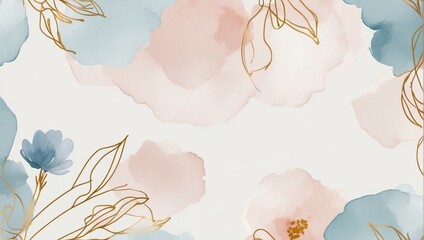Luxury minimal style wallpaper with golden line art flower and botanical leaves. soft tone background