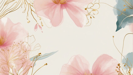 Obraz na płótnie Canvas Luxury minimal style wallpaper with golden line art flower and botanical leaves. soft tone background