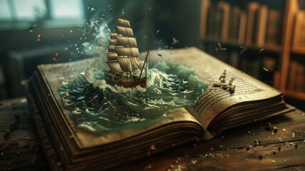 An open storybook on a wooden table magically brings a sailing ship to life, surrounded by splashing ocean waves and flying birds