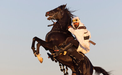 Black stallion on his hind legs with traditionally dressed Saudi man at his back
