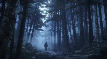 In the soft dawn light, a solitary figure embarks on a journey along a trail in a mysterious, fog-enshrouded forest - obrazy, fototapety, plakaty