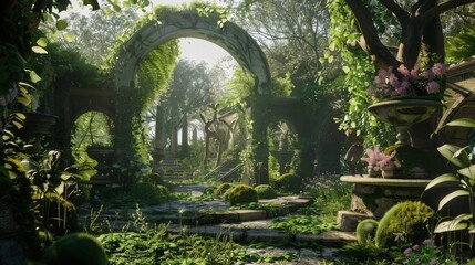 Ancient ruins, overtaken by lush greenery and flora, stand as a beautiful testament to the passage of time in a forest - obrazy, fototapety, plakaty