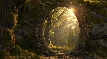 Obraz na płótnie Canvas Ornate mirror standing in a forest, reflecting a sun-drenched, enchanting woodland
