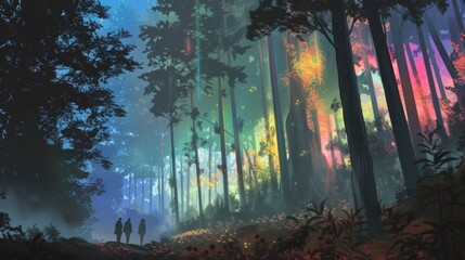 Forest Sunlight Scene with Misty Surreal Colorful Luminous Fog In Anime Style
