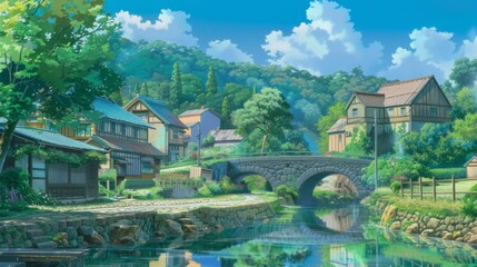 River Village Amidst Mountain Peaks In Anime Style