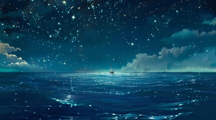 Lone Sail Ship in Starry Night Sky Over Ocean In Anime Style - obrazy, fototapety, plakaty