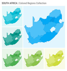 South Africa map collection. Country shape with colored regions. Light Blue, Cyan, Teal, Green, Light Green, Lime color palettes. Border of South Africa with provinces for your infographic.