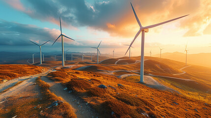 Wind turbines from above in a brown autumnal idyllic landscape - obrazy, fototapety, plakaty