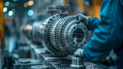 A man works on turbine parts in a factory