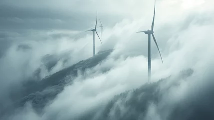 Fotobehang Wind turbines rise through the clouds or thick fog © jr-art
