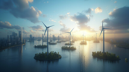 Wind turbines on small islands in front of a big city - obrazy, fototapety, plakaty