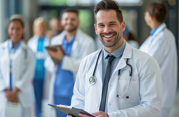 A smiling male doctor standing in front of a medical team, in a hospital background with other doctors and nurses, holding a medical clipboard