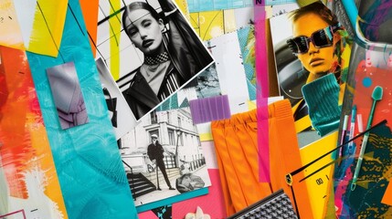 A students colorful mood board filled with photos and fabric swatches of avantgarde and futuristic designs hinting at their interest in pushing the boundaries of traditional