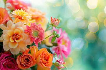 A close-up shot of a bouquet of vibrant flowers, arranged in a beautiful arrangement, with soft focus and bokeh effects adding to the romantic atmosphere.