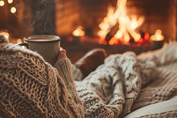 a person woman in a chunky knit sweater, sitting by a crackling fireplace with a mug of steaming hot chocolate, capturing the essence of warmth and comfort.