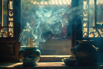 the meditative ritual of burning incense, with wisps of fragrant smoke curling upwards and filling the room with a sense of calm and tranquility. - obrazy, fototapety, plakaty