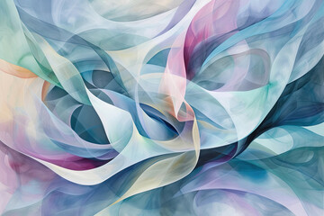 An abstract composition featuring flowing lines and curves in soft, pastel colors, reminiscent of watercolor brushstrokes or the graceful movements of dance, - obrazy, fototapety, plakaty