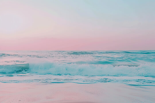 A tranquil serene beach at sunset, with gentle waves lapping against the shore and pastel hues painting the sky in soft shades of pink and blue.