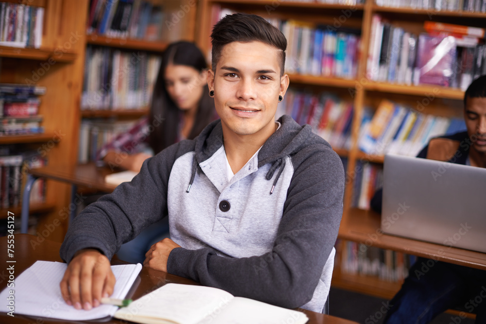 Poster young man, portrait or studying in library for test or scholarship on campus for class assignment. u