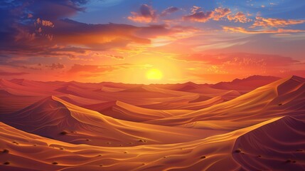 Desert landscape featuring sand dunes at sunset