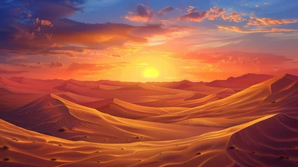 Poster Desert landscape featuring sand dunes at sunset © klss777