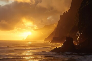 Sunset Over a Mysterious Island Background - Breathtaking sunset over a mysterious island with silhouettes of ancient statues lining the cliffs in Golden Hour created with Generative AI Technology - obrazy, fototapety, plakaty