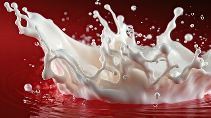 Splashing milk isolated on red background. 3d rendering mock up