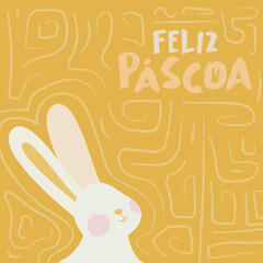 Poster de Feliz Páscoa. Coelho fofinho num plano de fundo amarelo para celebração do feriado de Páscoa.