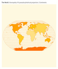 World Map. Kavrayskiy VII pseudocylindrical projection. Continents style. High Detail World map for infographics, education, reports, presentations. Vector illustration.