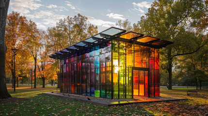 In a park a smart glass pavilion incorporates solar panels into its design providing a sustainable energy source while also creating an aweinspiring display of color and light.