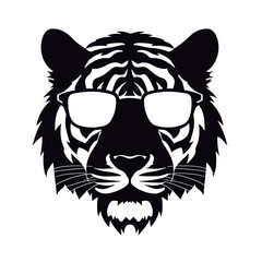 tiger head wearing sunglasses, vintage logo line art concept black and white color, hand drawn illustration  