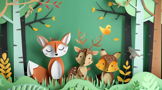 llustration paper cut craft style of  wild ,deer and wild animale