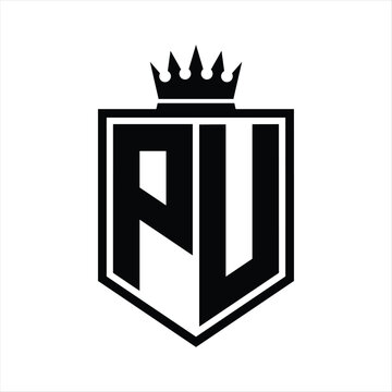 recommend clip art: PU Logo monogram bold shield geometric shape with crown outline black and white style design