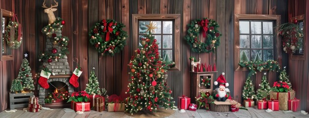 Fototapeta na wymiar Traditional Christmas Living Room Decoration Panorama