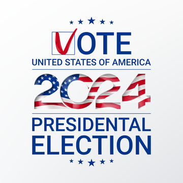 US presidential election 2024 symbol. Template of typography symbol of USA election voting. Vector illustration. US Election 2024 campaign. Vote day, November 5. Paper cutout effect with USA flag.
