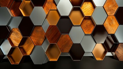 3d rendering of abstract geometric hexagon shapes in black and brown colors