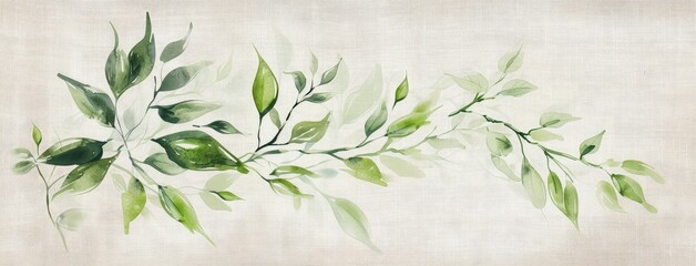 Elegant Green Watercolor Leaves on Linen Background