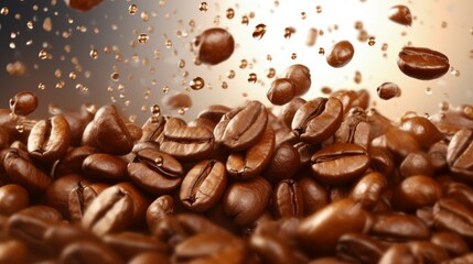 Coffee beans falling into the air on a brown background. 3d rendering