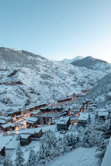 Cityscape of the tourist town of Canillo in Andorra after a heavy snowfall in winter