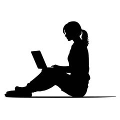 Office worker. Businesswoman is sitting at the desk and working on the laptop.    Silhouette  isolated on white.