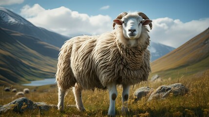Fototapeta premium Sheep in the mountains, green meadows