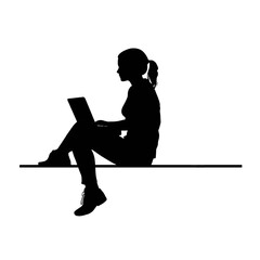Office worker. Businesswoman is sitting at the desk and working on the laptop.    Silhouette  isolated on white.