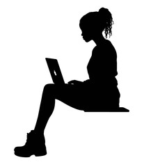 Office worker. Businesswoman is sitting at the desk and working on the laptop.    Silhouette  isolated on white.