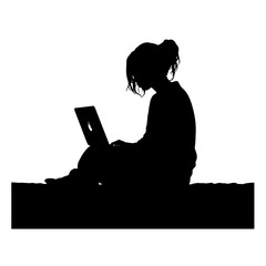 Office worker. Businesswoman is sitting at the desk and working on the laptop.    Silhouette  isolated on white.